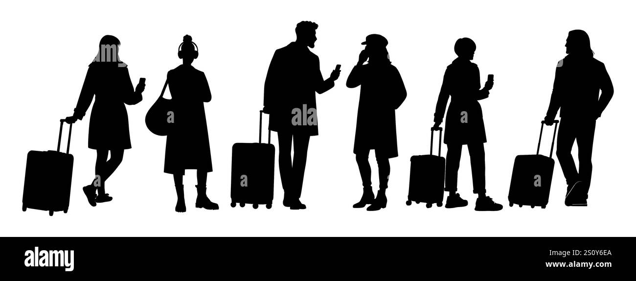 Sagome nere di persone in piedi con la valigia Illustrazione Vettoriale