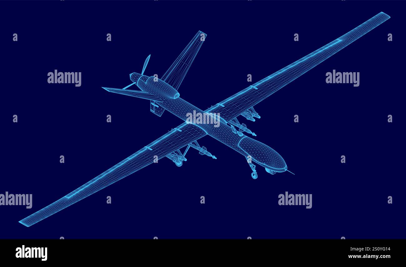 Immagine blu di un drone. L'immagine è sfocata e pixelata, conferendole un aspetto futuristico e tecnologico Illustrazione Vettoriale