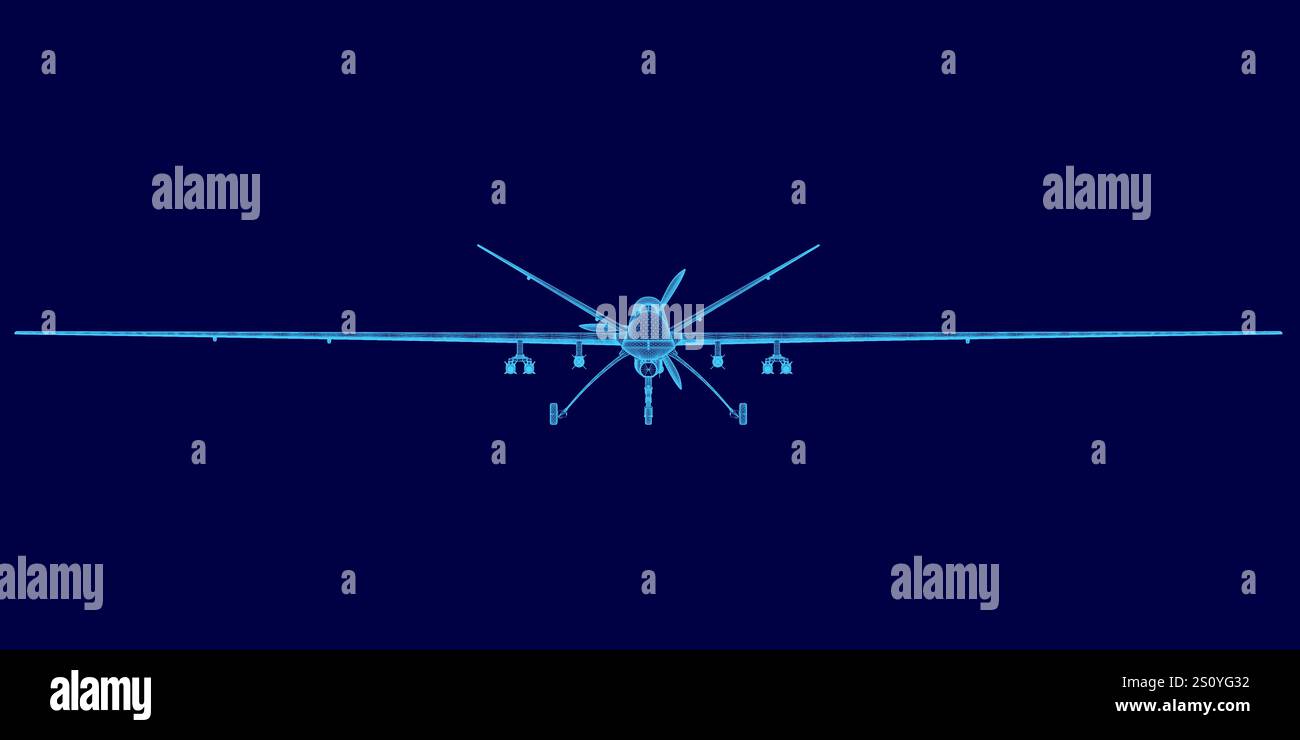 Immagine blu di un drone. L'immagine è sfocata e pixelata, conferendole un aspetto futuristico e tecnologico Illustrazione Vettoriale