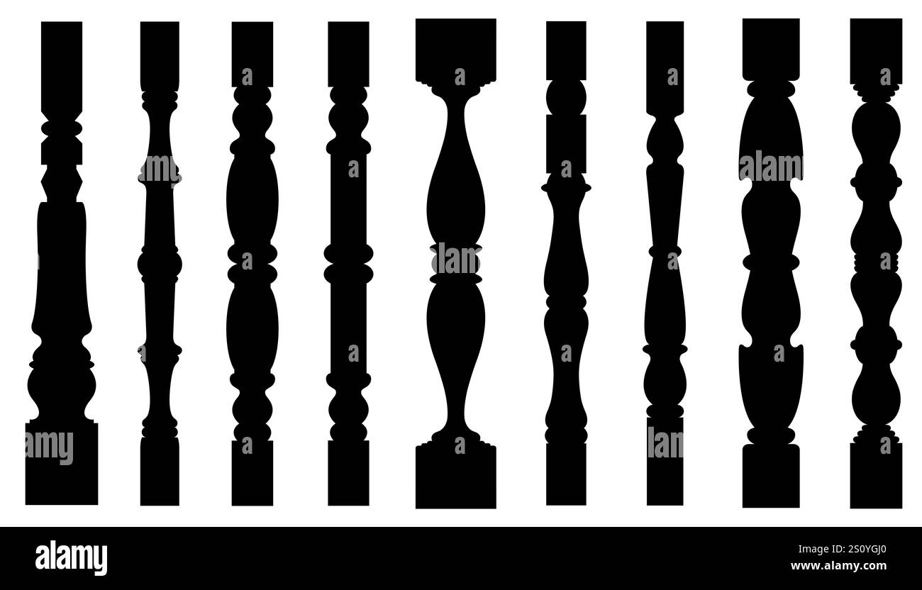 Raccolta di diversi mandrini e balaustre isolati su sfondo bianco Foto Stock