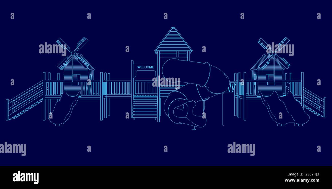 L'immagine è un disegno blu di un parco giochi con una diapositiva e un allegro giro. Lo scivolo si trova al centro del parco giochi, mentre il allegro g Illustrazione Vettoriale