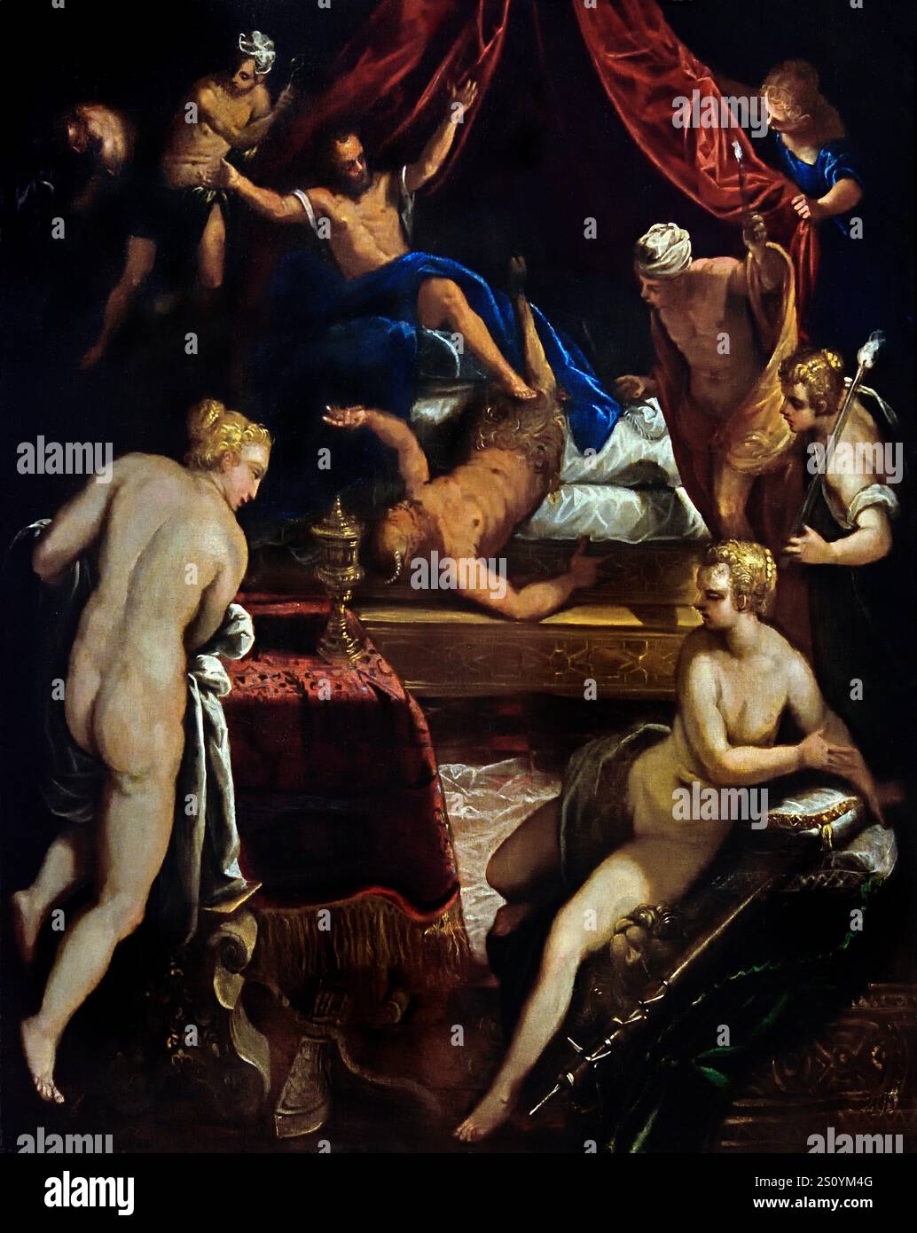 Ercole espellendo il Fauno dal letto di Omphale .1585by Jacopo Tintoretto, Jacopo Robusti 1518/1519 – 1594, Venezia, Italia, Museo di Belle Arti, Hungarain, Foto Stock