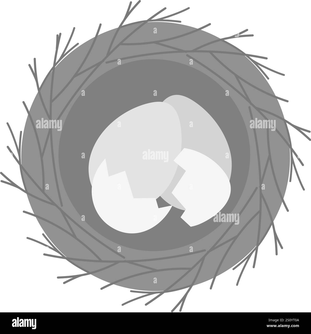 Le uova intere e incrinate nel nido di uccelli hanno fatto dei ramoscelli in scala di grigi. Un'idea di design per i saluti di Pasqua o di primavera. Isolare le schede tematiche, la pubblicazione, il blog o l'opuscolo promozionale Web, il banner e i prezzi delle illustrazioni vettoriali Illustrazione Vettoriale