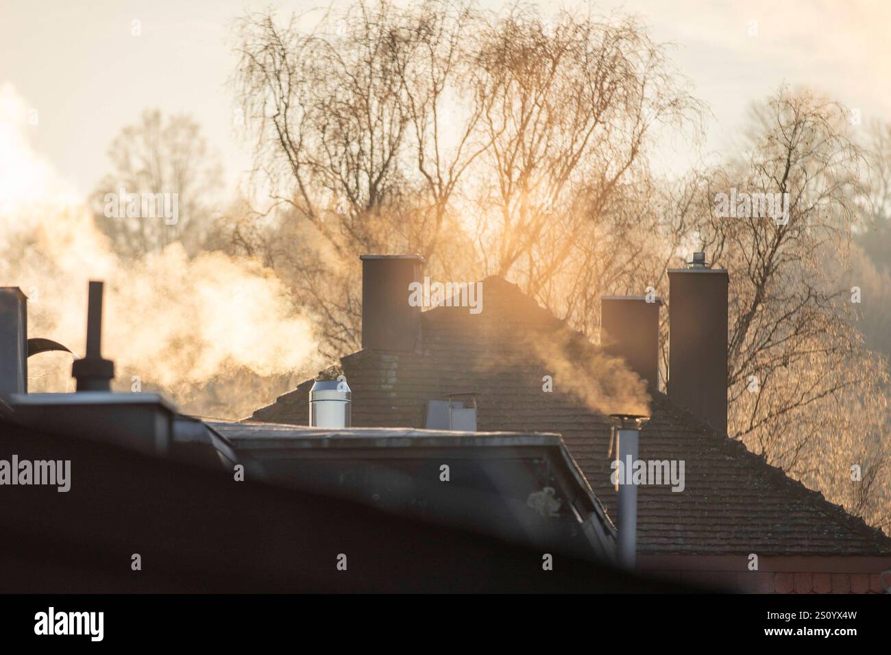 Heizungsgesetz: Streit um die Wärmewende, die gescheiterte Novellierung des Gebäudeenergiegesetzes markiert einen Wendepunkt in der deutschen Klimapolitik. Im Bild sind Kamine zu sehen, die bei niedrigen Außentemperaturen qualmen. Berlino Berlino Germania Foto Stock