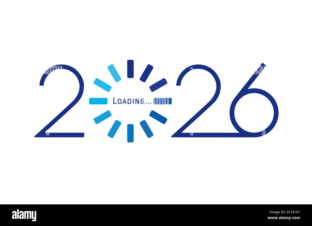 Barra di carico blu felice anno nuovo 2026. Icona di rotazione di caricamento decorativo. Orologio digitale. Cifre della rete del computer. Design con tecnologia grafica isolata Illustrazione Vettoriale