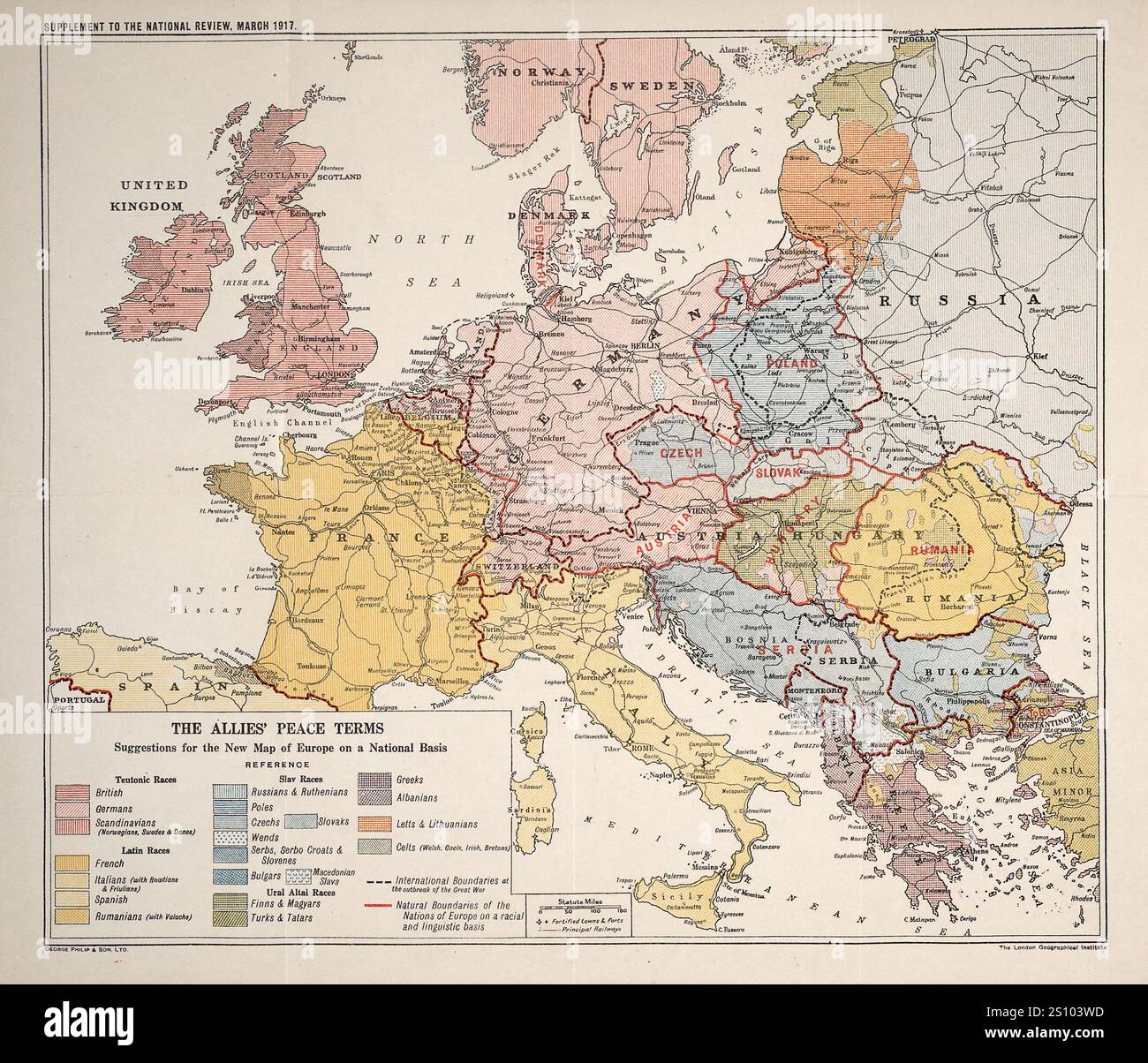 Mappa della prima Guerra Mondiale: Termini di pace degli Alleati, suggerimenti per la nuova mappa dell'Europa su base nazionale, 1917. Supplemento alla National Review, marzo 1917. Mappa archivio vintage. Foto Stock
