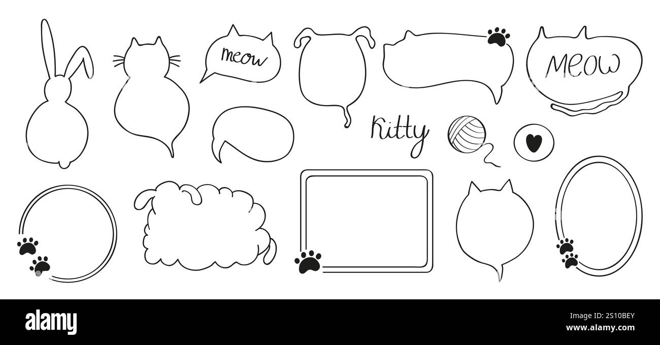 Schizzo disegnato a mano di un simpatico set di bolle e cornici a tema gatto e cane in stile doodle line. n Illustrazione Vettoriale