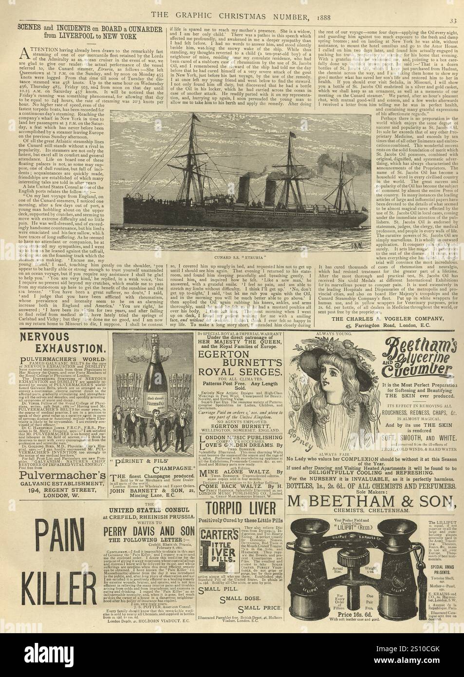 Vecchie pubblicità di giornali, antidolorifici, champagne, transatlantico transatlantico RMS Etruria, anni '1880 Foto Stock