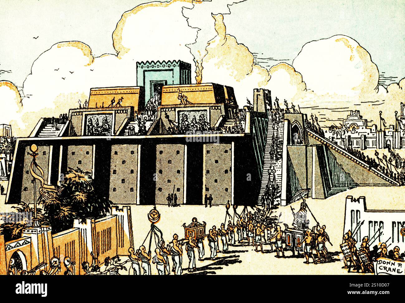 Una ricostruzione dello Ziggurat di Ur. Di Donn Philip Crane (1878-1944). Lo Ziggurat di Ur è uno ziggurat neo-sumero in quella che era la città di Ur vicino a Nasiriyah, nell'attuale provincia di Dhi Qar, Iraq. La struttura fu costruita durante la prima età del bronzo, ma fu in rovina nel vi secolo a.C. del periodo neo-babilonese, quando fu restaurata dal re Nabonido. Foto Stock