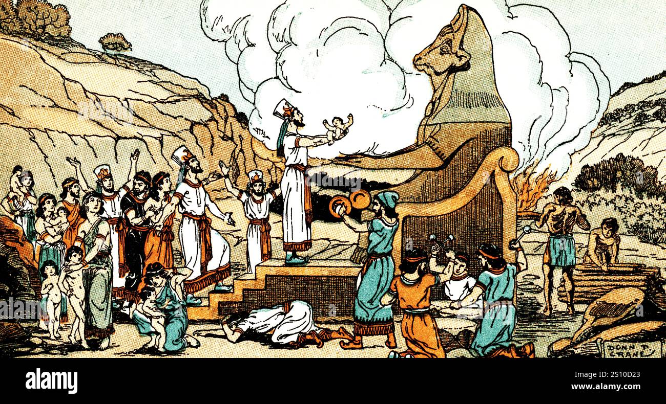 Offerta a Moloch. Di Donn Philip Crane (1878-1944). Moloch, Molech, o Molek è una parola che appare più volte nella Bibbia ebraica, principalmente nel Libro del Levitico. La Bibbia condanna fermamente le pratiche associate a Moloch, che sono pesantemente implicite per includere il sacrificio dei bambini. Fin dal periodo medievale, Moloch è stato spesso ritratto come un idolo a testa di toro con mani allungate sopra un fuoco; questa raffigurazione combina i riferimenti biblici con varie altre fonti, tra cui antichi racconti sul sacrificio cartaginese dei bambini e la leggenda del Minotauro. Foto Stock
