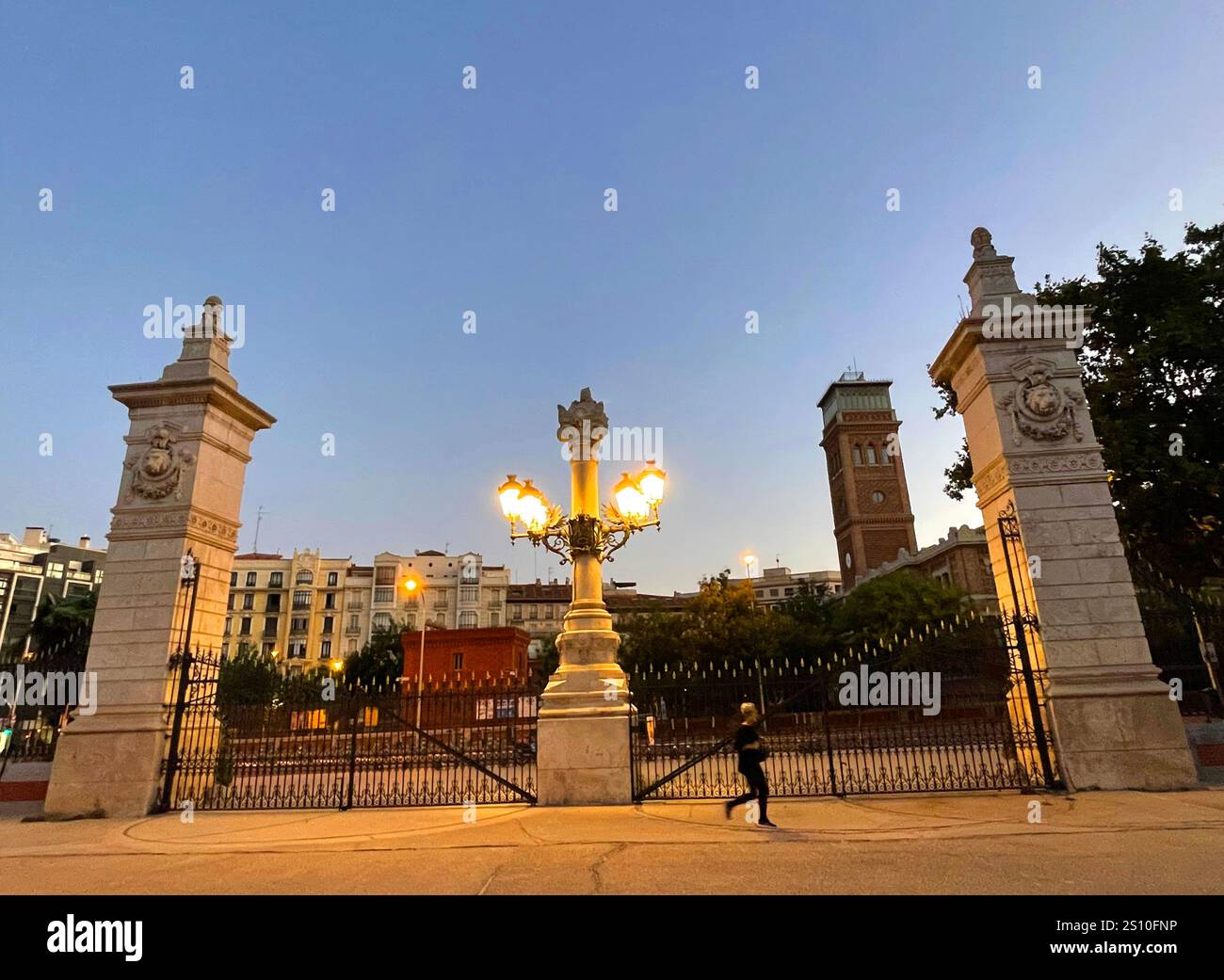 Parco El Retiro, vista notturna. Madrid, Spagna. - Immagine stock catturata con smartphone