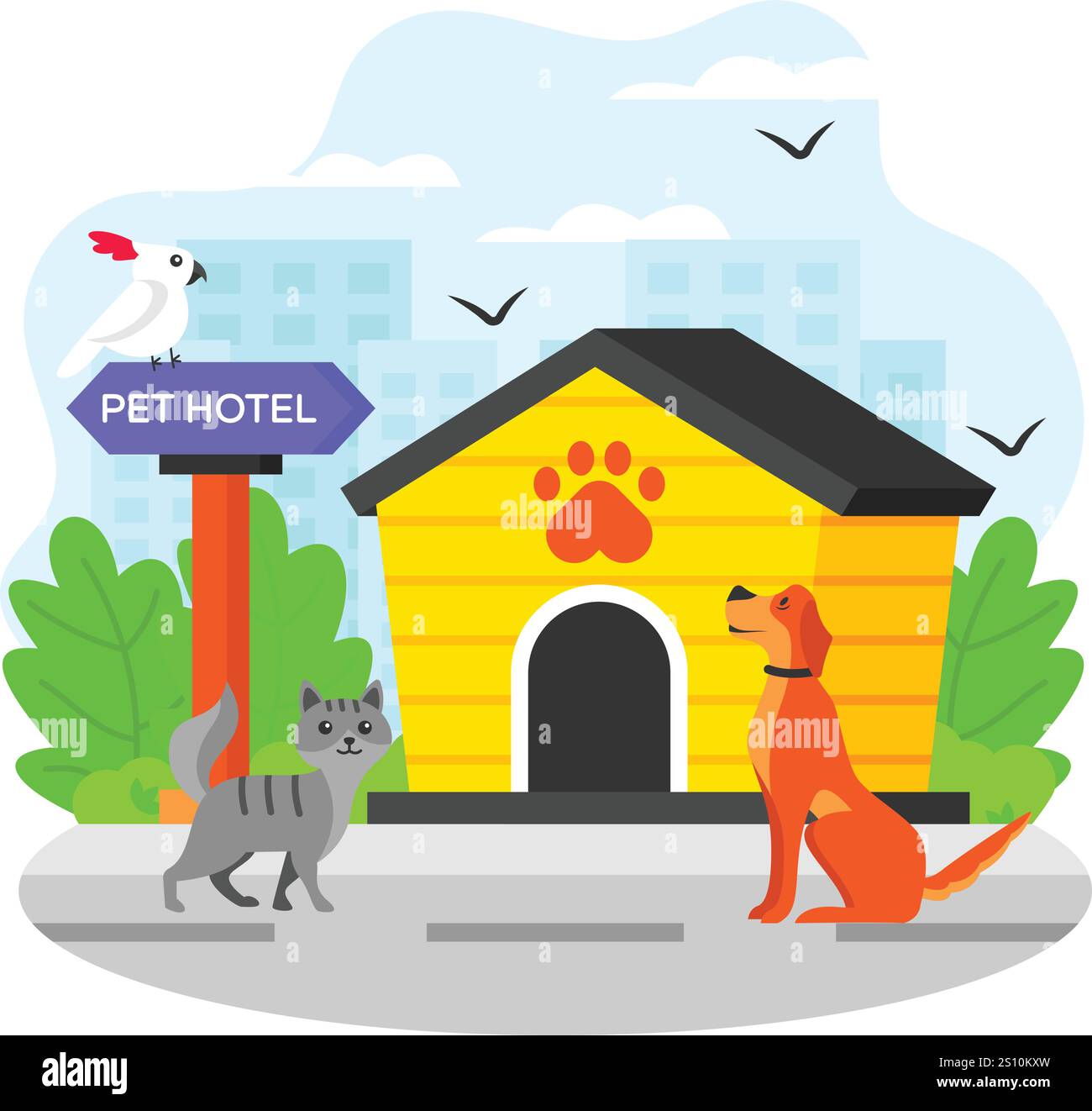 Imbarco per cani e altri animali domestici, Doggy, Kitty and Birds at Jungle Vector design, PET Foster e hotel Symbol, cuccioli Illustrazione Vettoriale
