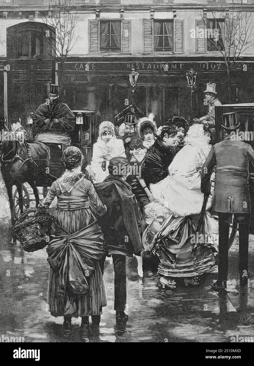 "A la madrugada" (di prima mattina). Incisione di Bernardo Rico (1825-1894) su un dipinto di Roman Ribera (1849-1935). Scena che raffigura diverse coppie di signore e signori, in un giorno d'inverno, lasciando il caffè-ristorante Helder, dopo cena dopo il ballo in maschera all'Opera di Parigi. La Ilustracion Espanola y americana (The Spanish and American Illustration), 15 gennaio 1884. Foto Stock