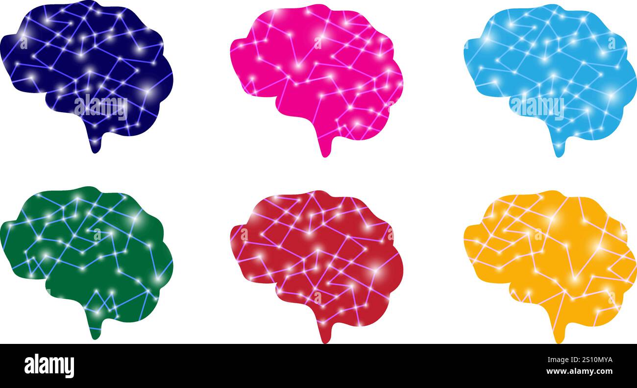 Tecnologia Brain Set di sei con blu rosa cielo blu verde rosso e giallo isolato su sfondo bianco trasparente Illustrazione Vettoriale