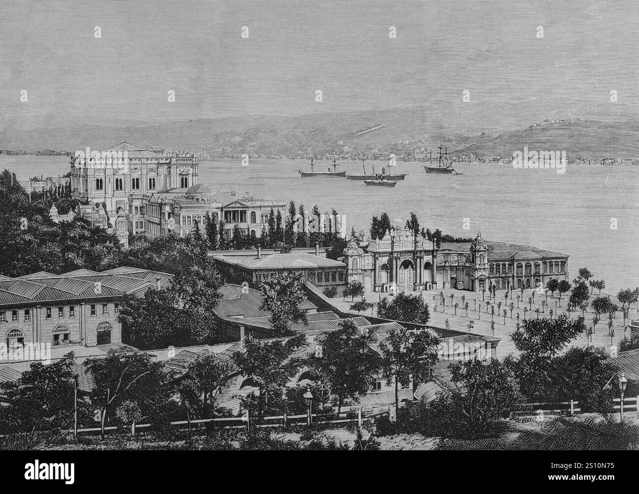 Storia della Turchia. Costantinopoli. Palazzo Dolmabahce. Costruito tra il 1843 e il 1856 per ordine del sultano Abdulmecid i (1823-1861). Fu la residenza ufficiale dei sultani turchi e il centro amministrativo dell'Impero ottomano tra il 1856-1887 e il 1909-1922. Palazzo Imperiale di Dolmabahce, sulle rive del Bosforo. Incisione di Vela. La Ilustracion Espanola y americana (The Spanish and American Illustration), 22 febbraio 1884. Foto Stock