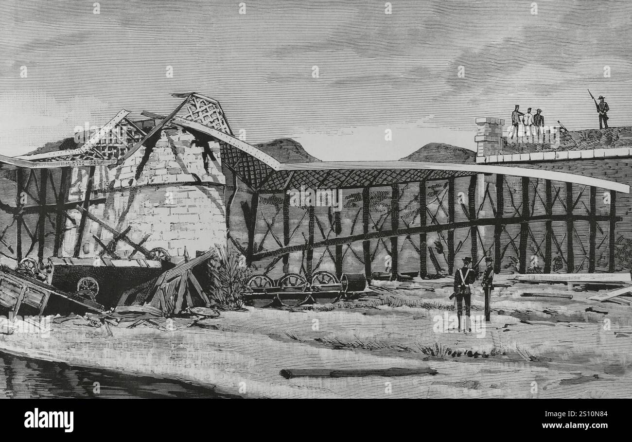 Storia della Spagna. Disastro del ponte di Alcudia. Situato al chilometro 279 della linea ferroviaria da Madrid a Ciudad Real e Badajoz, tra le stazioni di Almadenejos e Chillon. Il ponte crollò improvvisamente nelle prime ore del 27 aprile 1884, quando passò il treno misto numero 51, facendo precipitare la locomotiva, il tender, quattro gabbie di bestiame e sette vagoni con numerosi passeggeri sul fondo del fiume. Cinquantanove persone hanno perso la vita, la maggior parte dei quali hanno recentemente dimesso soldati. Disegno di Manuel Alcazar. Incisione di Rico. Dettagli. La Ilustracion Espanola y americana (gli spagnoli e gli americani Foto Stock