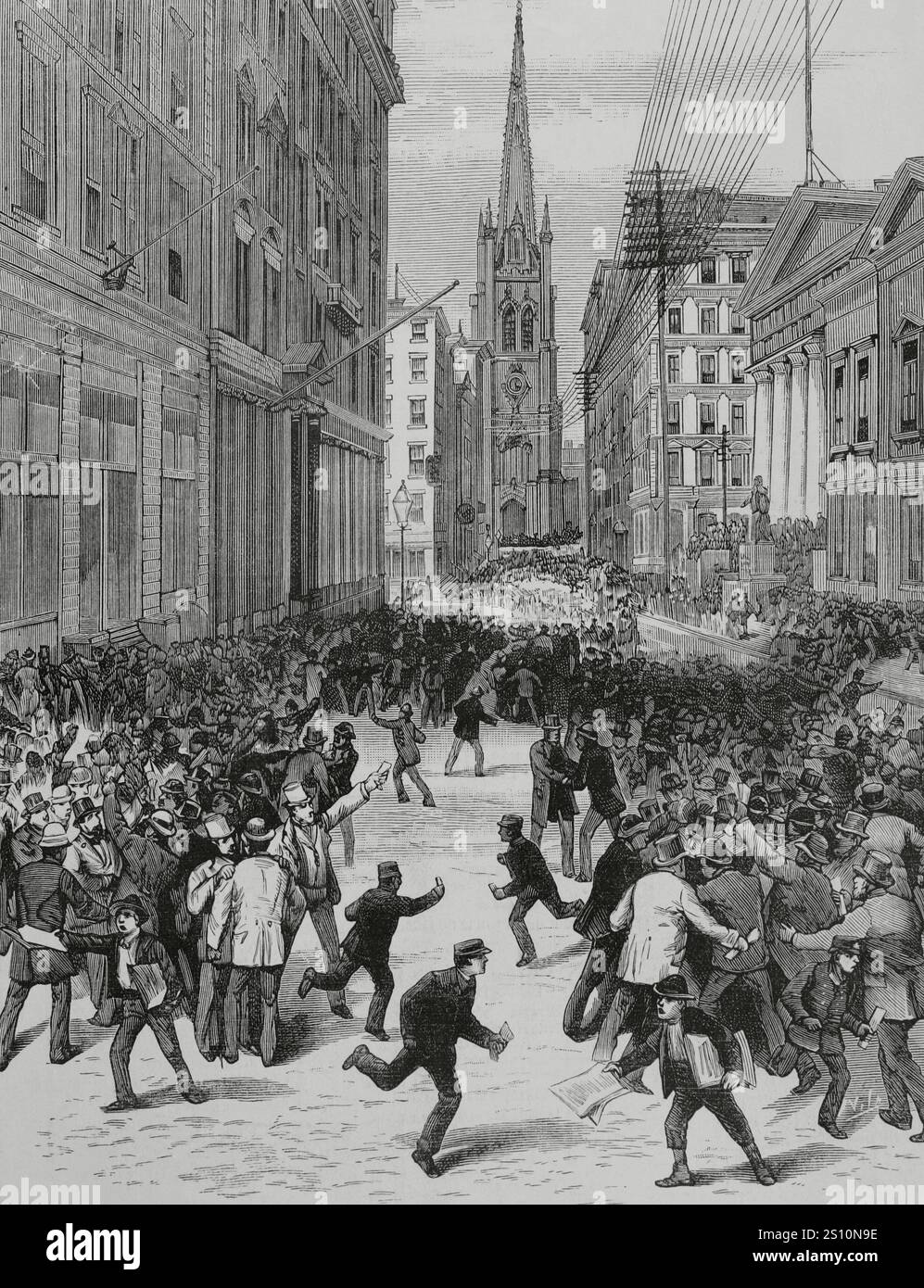 New York, Stati Uniti. Panico del 1884. Crisi economica durante la depressione del 1882-1885. Wall Street al culmine del panico nel pomeriggio del 14 maggio 1884. Prospettiva presa dal lato opposto alla Chiesa della Trinità. Incisione di Vela. La Ilustracion Espanola y americana (The Spanish and American Illustration), 8 giugno 1884. Foto Stock