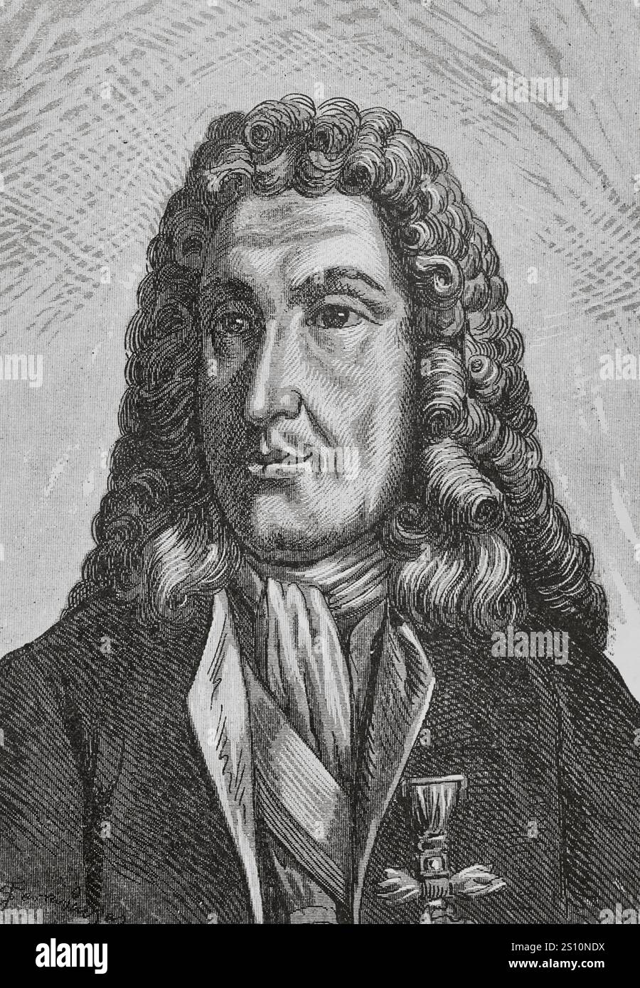 Jose Patino Rosales (1670-1736). Segretario della Marina e delle Indie sotto re Filippo V di Spagna. Intraprese la riorganizzazione della Marina e fondò la Naval Military Academy. Nel 1718 formò la Compania de Caballeros Guardiamarinas (compagnia reale delle guardie marittime). Verticale. Illustrazione di Serra Pausas. "Glorias Espanolas" (Glorie di Spagna). Volume IV. Pubblicato a Barcellona, 1890. Foto Stock