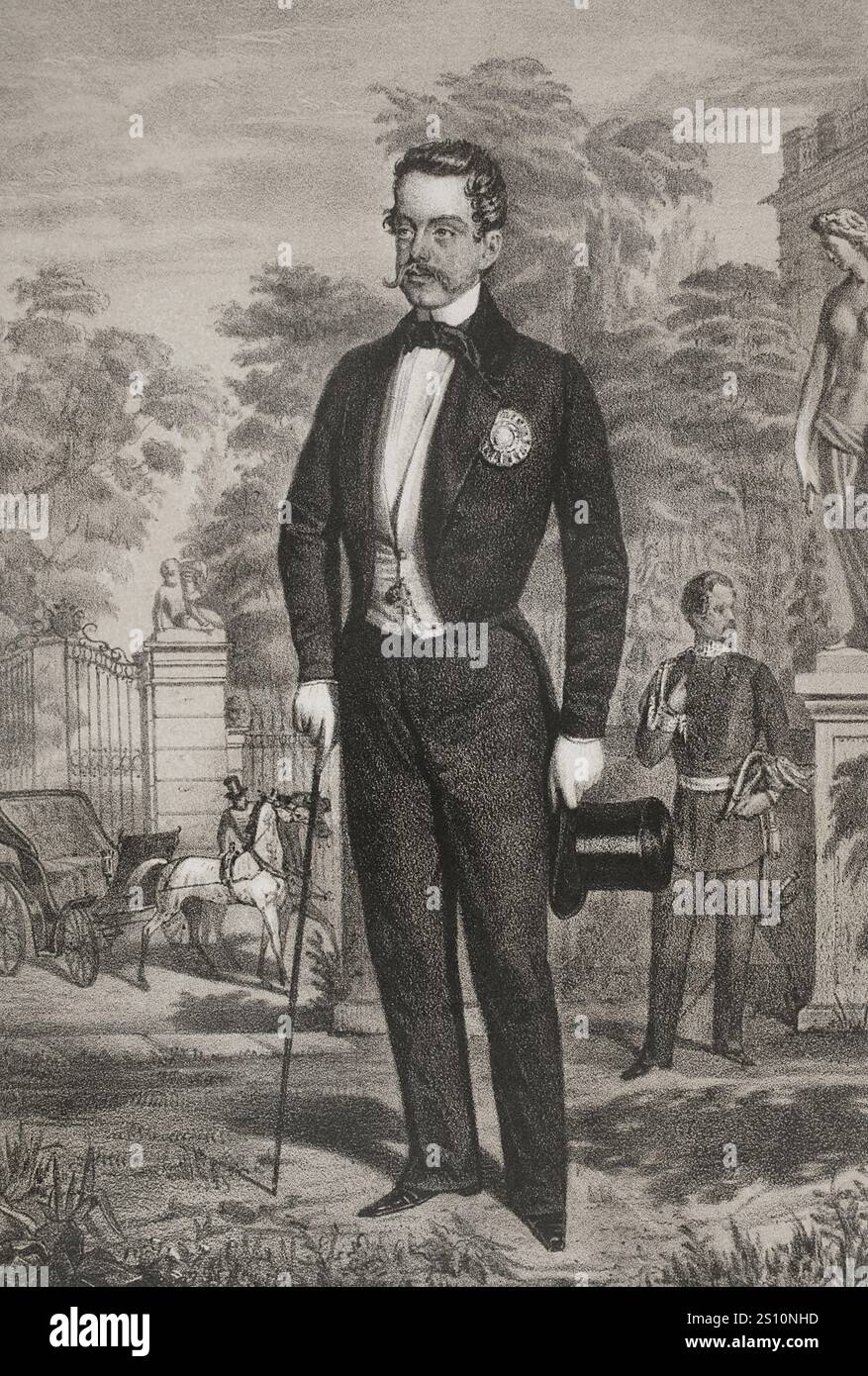 Vittorio Emanuele II (1820-1878). Ultimo re del Regno di Sardegna (1849-1861) e primo re d'Italia (1861-1878). Ritratto come re di Sardegna. Disegno di B. Blanco. Litografia di J. Donon. "Reyes Contemporaneos" (Re contemporanei). Volume III. Pubblicato a Madrid, 1854. Foto Stock