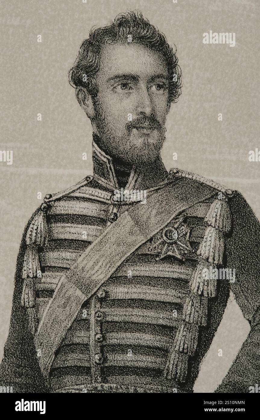 Carlo XV di Svezia (1826-1872). Nato Carl Ludvig Eugen. Re di Svezia e Norvegia (come Carlo IV) tra il 1859 e il 1872. Ritratto di Karl Ludvig come erede principe di Svezia. Disegno di C. Legrand. Litografia di J. Donon. Dettagli. "Reyes Contemporaneos" (Re contemporanei). Volume III. Pubblicato a Madrid, 1854. Foto Stock