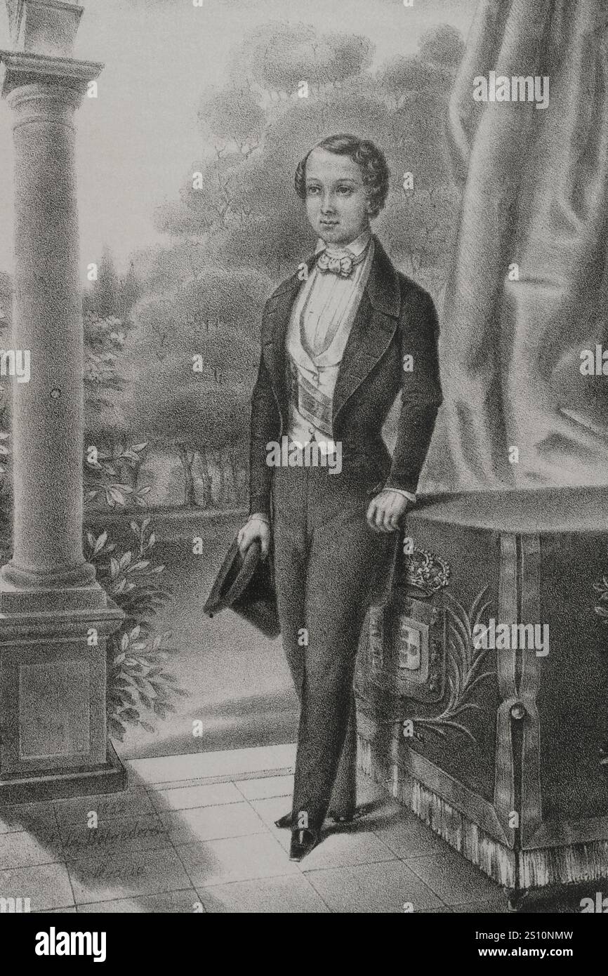Pietro V del Portogallo (1837-1861), cosiddetto il fiducioso. Re del Portogallo (1853-1861). Ritratto come principe ereditario del Portogallo nel 1852. Disegno di Augusto Belvedere. Litografia di J.J. Martinez. "Reyes Contemporaneos" (Re contemporanei). Volume III. Pubblicato a Madrid, 1854. Foto Stock