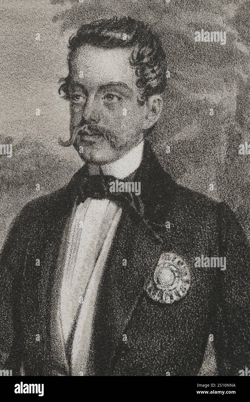 Vittorio Emanuele II (1820-1878). Ultimo re del Regno di Sardegna (1849-1861) e primo re d'Italia (1861-1878). Ritratto come re di Sardegna. Disegno di B. Blanco. Litografia di J. Donon. Dettagli. "Reyes Contemporaneos" (Re contemporanei). Volume III. Pubblicato a Madrid, 1854. Foto Stock