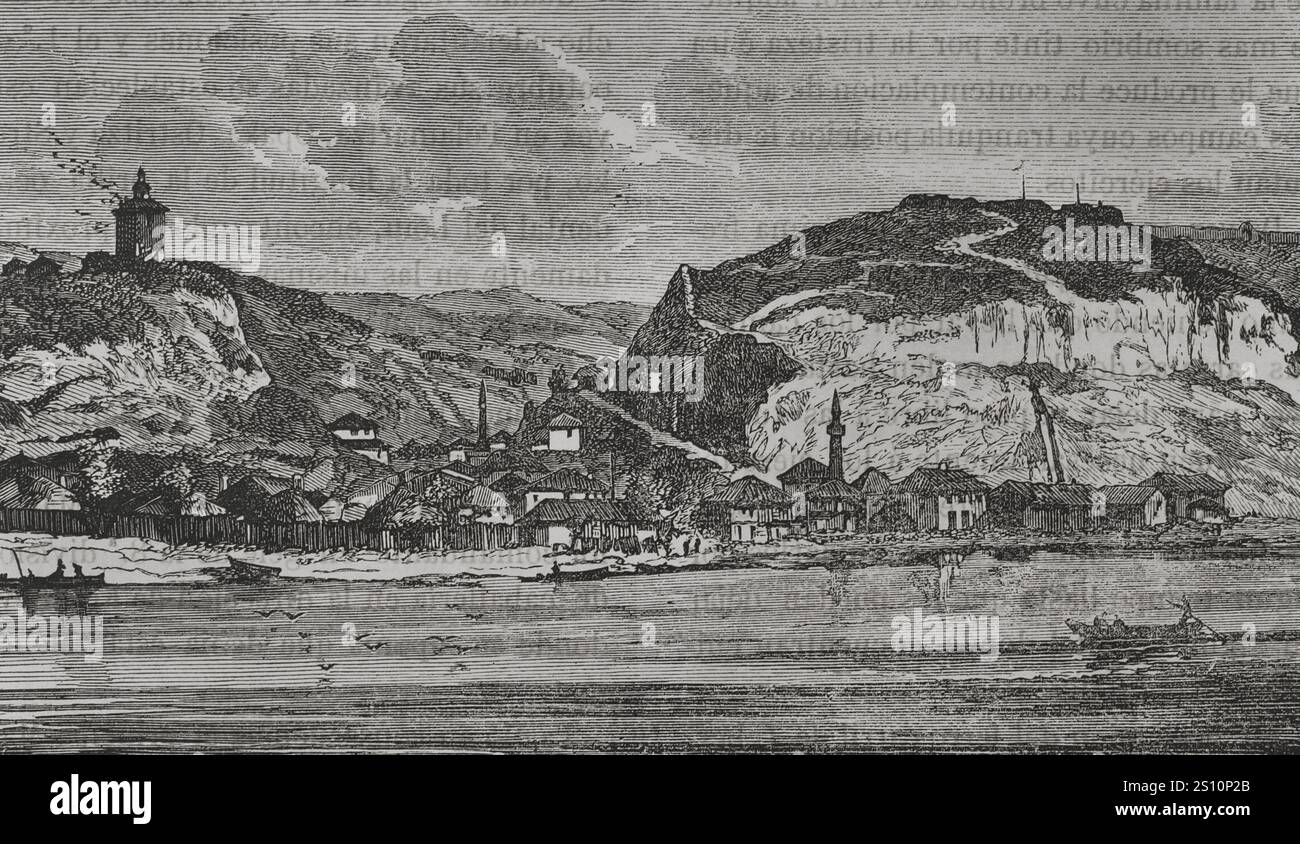 Nikopol. Vista generale della città sulle rive del Danubio, nell'attuale territorio bulgaro. La città, sotto il dominio ottomano, fu conquistata dai russi nel 1877 durante la guerra russo-turca (1877-1878). Incisione. "La Guerra de Oriente" (la guerra russo-turca). Volume II 1877. Foto Stock