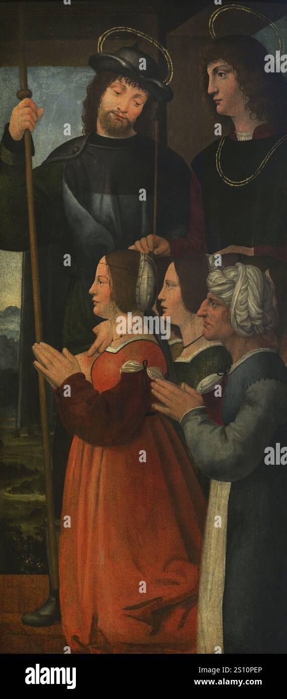 Pseudo Boltraffio. Nome dato ad un ignoto pittore della scuola lombarda, attivo a Milano tra il 1500 e il 1530. Santi Sebastiano e Roque con devoti, 1510-1515. Olio su pannello di legno. Pinacoteca Castello Sforzesco, Milano, Italia. Foto Stock