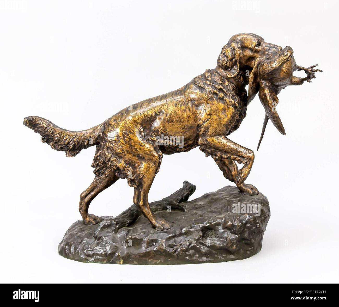 Emile Désiré Lienard - , grande gruppo di caccia di un cane da caccia con fagiano in bocca, bronzo patinato bicolore su zoccolo del terreno, firmato in esso, L. Foto Stock