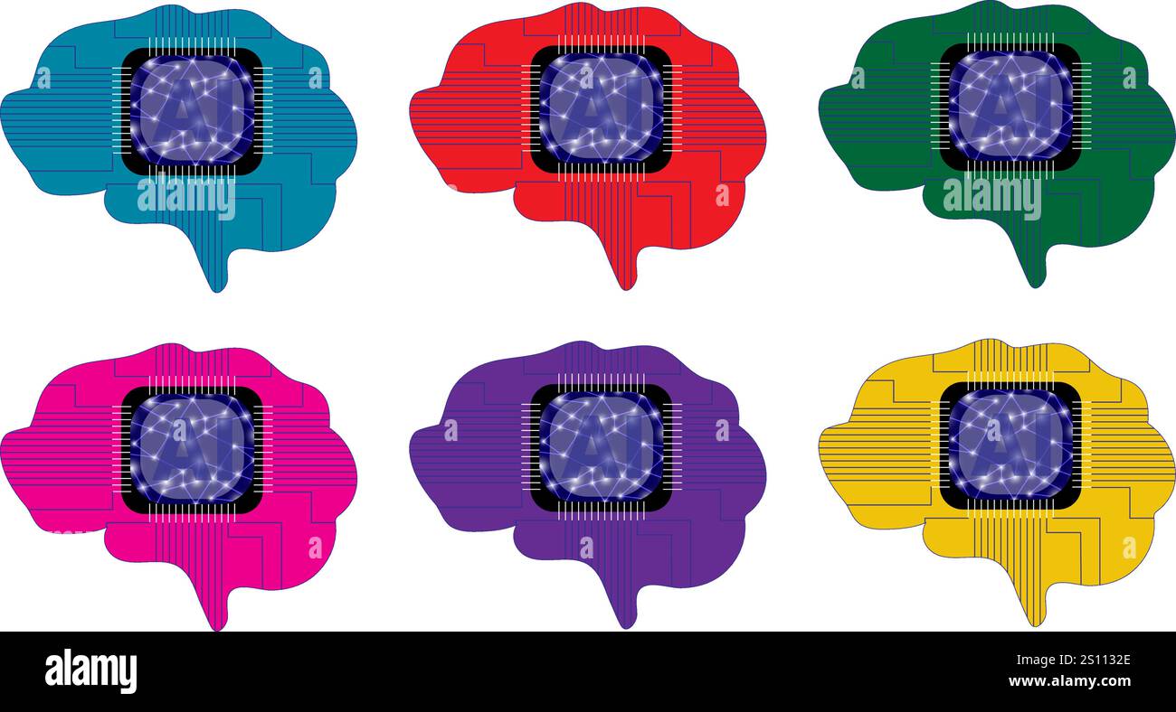Cervello tecnologico con chip ai set di sei con cielo rosa blu verde rosso viola e giallo isolato su sfondo bianco trasparente Illustrazione Vettoriale