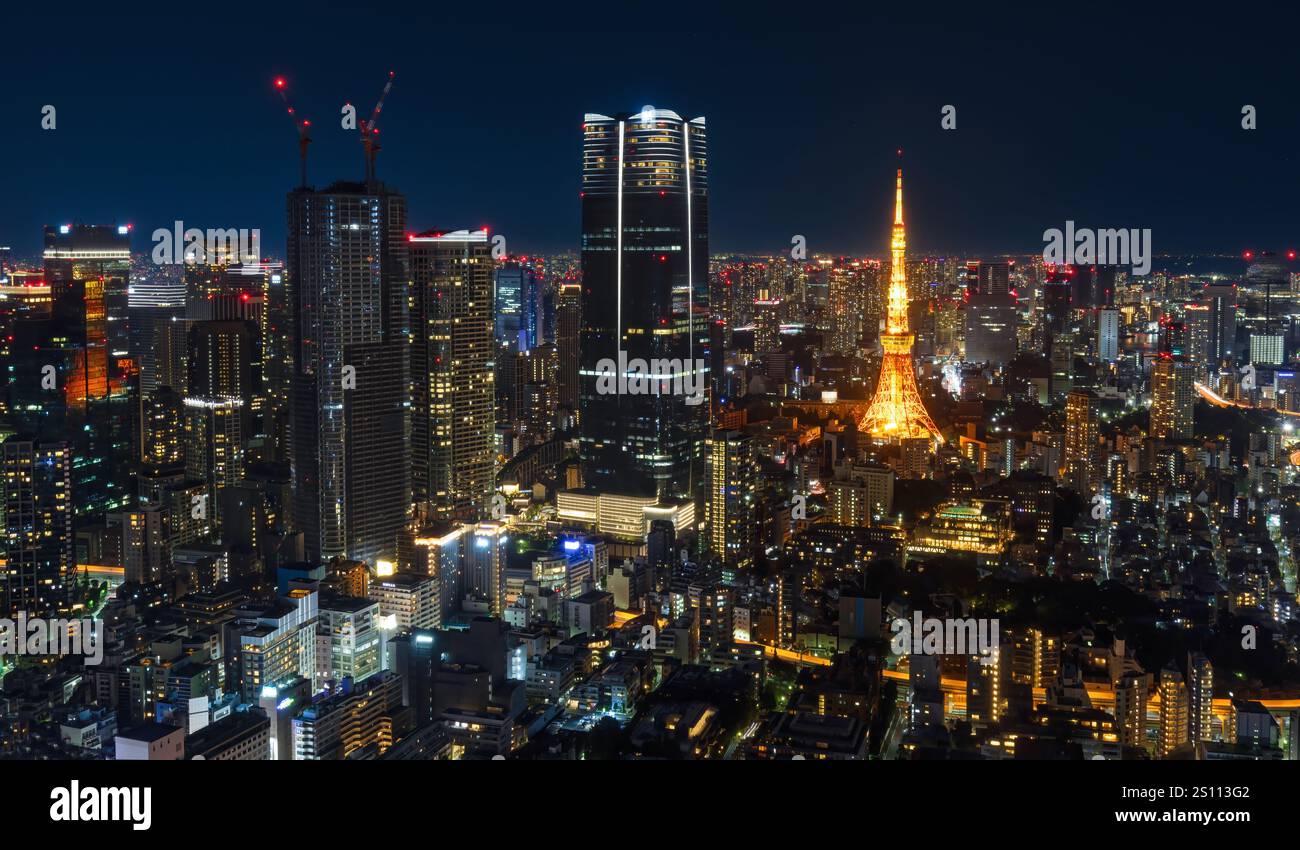 Tokio, Giappone - 1° novembre 2024: Tokyo Tower di notte con vista sulla strada Foto Stock