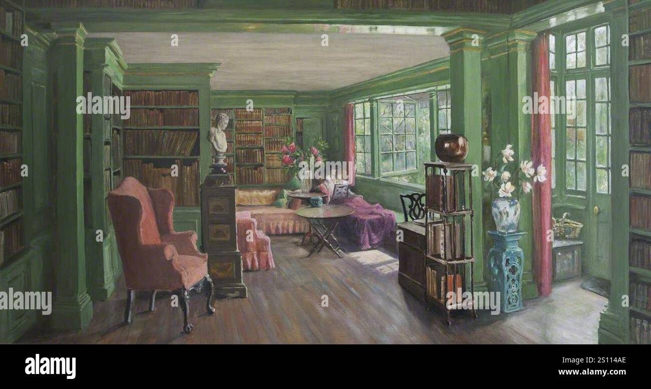 Emmeline Mary Elizabeth Welby-Gregory, Mrs Henry John Cockayne-Cust (1867-1955) nella Biblioteca della Chancellor's House, Hyde Park Gate, Londra, di Florence Seth (attivo dal 1908 al 1937) Foto Stock