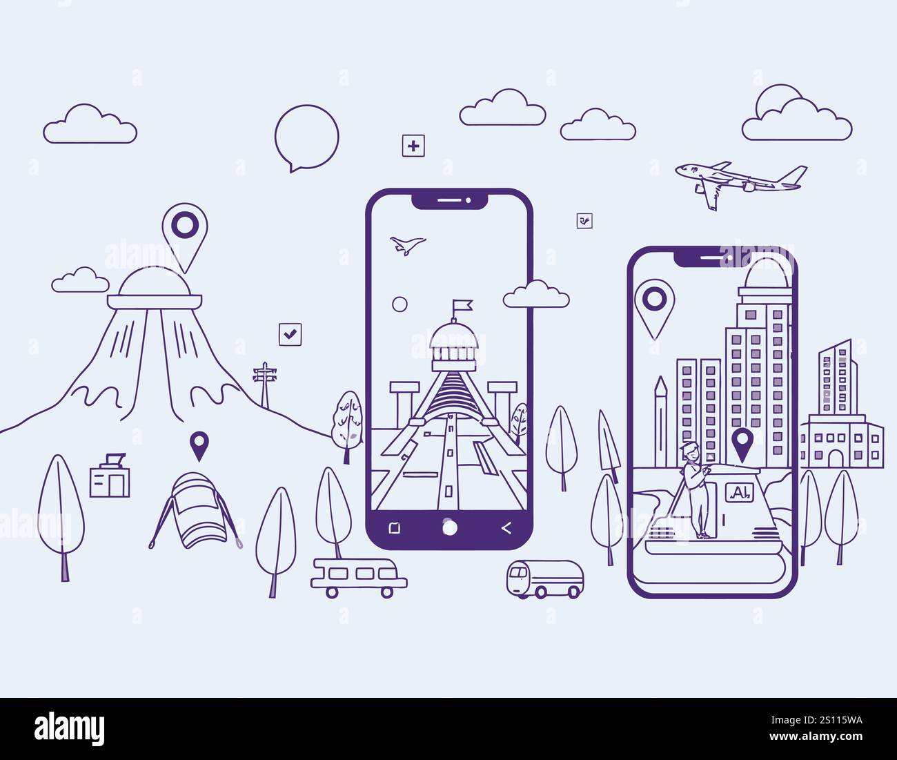 Icone lineari sul business e sui viaggi Illustrazione Vettoriale