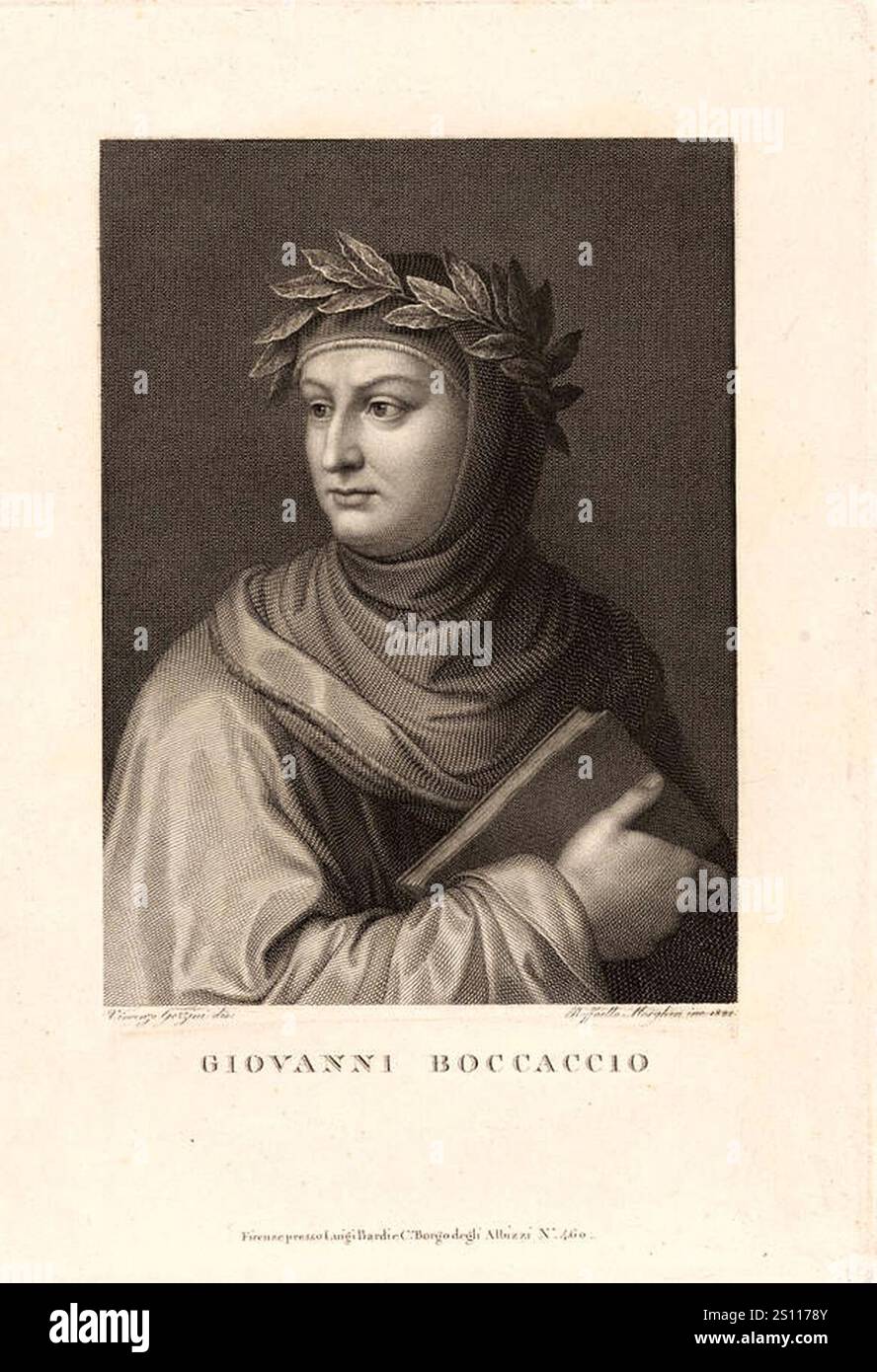 Ritratto inciso di Giovanni Boccaccio, di Raffaello Morghen, su Vincenzo Gozzini, 1822. Foto Stock