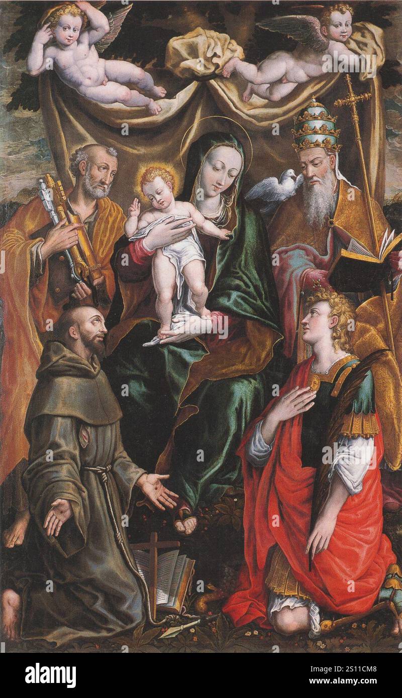 Ercole Ramazzani, Madonna col bambino e i santi Pietro, Francesco, Gregorio e Floriano, 1591, Serra San Quirico, chiesa parrocchiale di san Quirico. Foto Stock