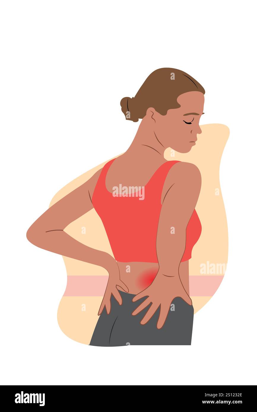 Un'illustrazione vettoriale di una donna sportiva che ha un infortunio alla schiena Illustrazione Vettoriale