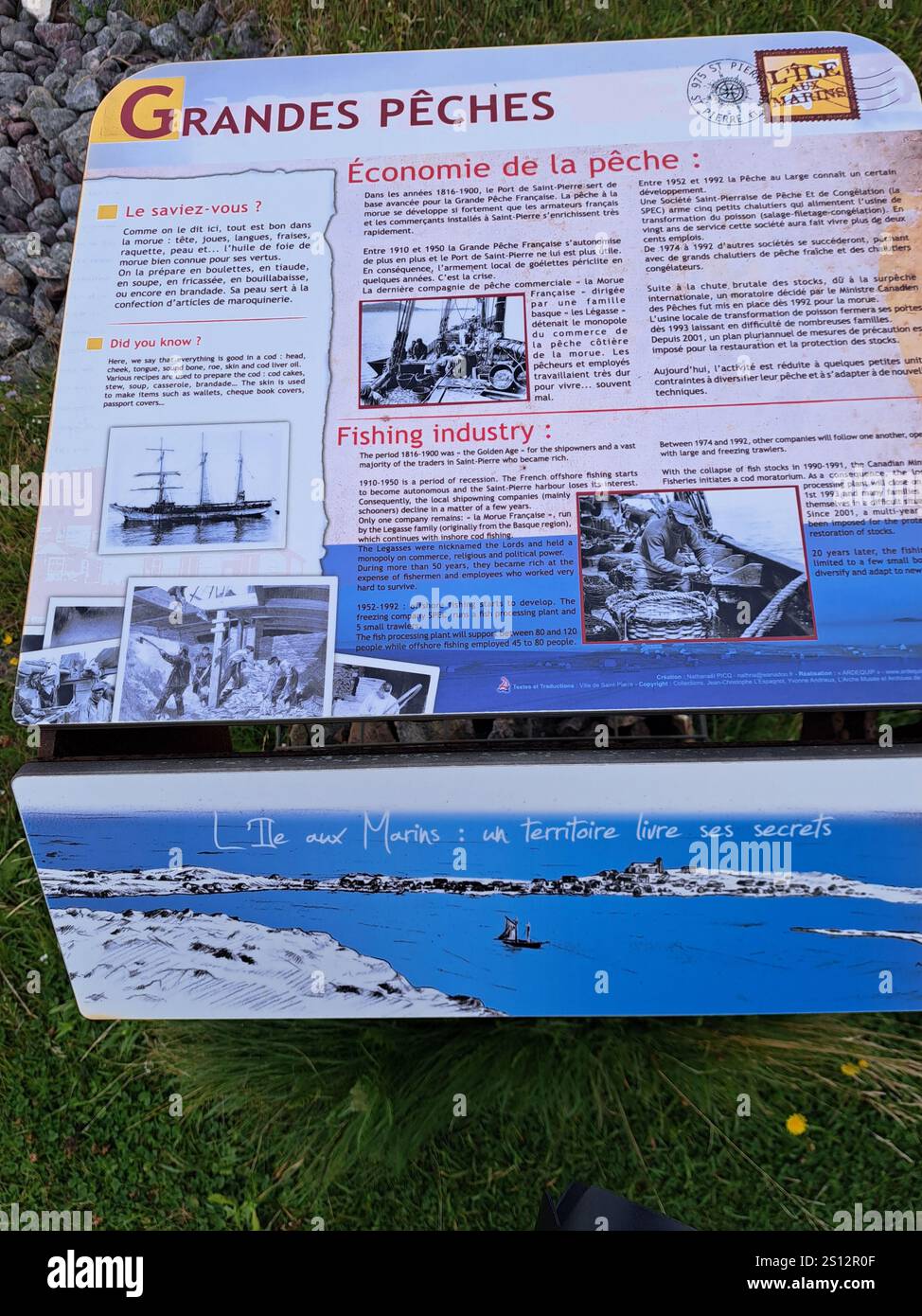 Cartello informativo sull'industria della pesca sull'Ile-aux-Marins a Saint Pierre, Francia Foto Stock