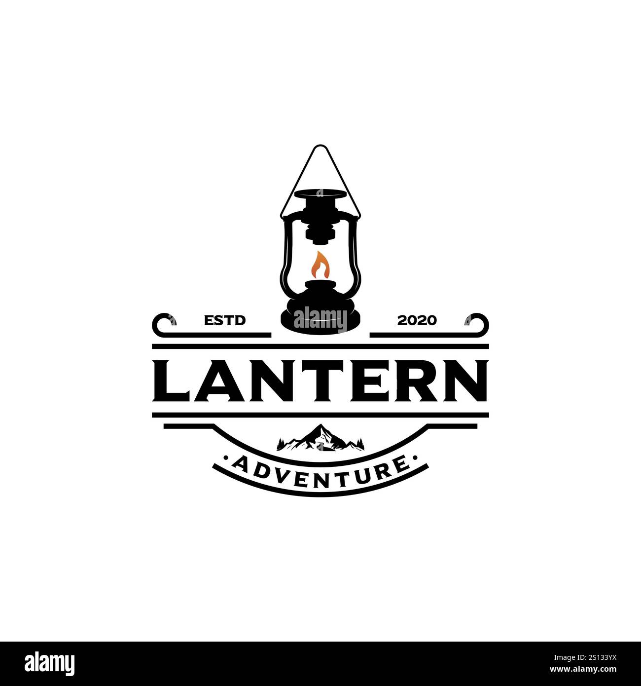 Logo Camping con lanterna emblema Vintage Forest. Camper in stile retrò. Badge per avventure all'aperto. Viaggia e supera le montagne hipster Illustrazione Vettoriale