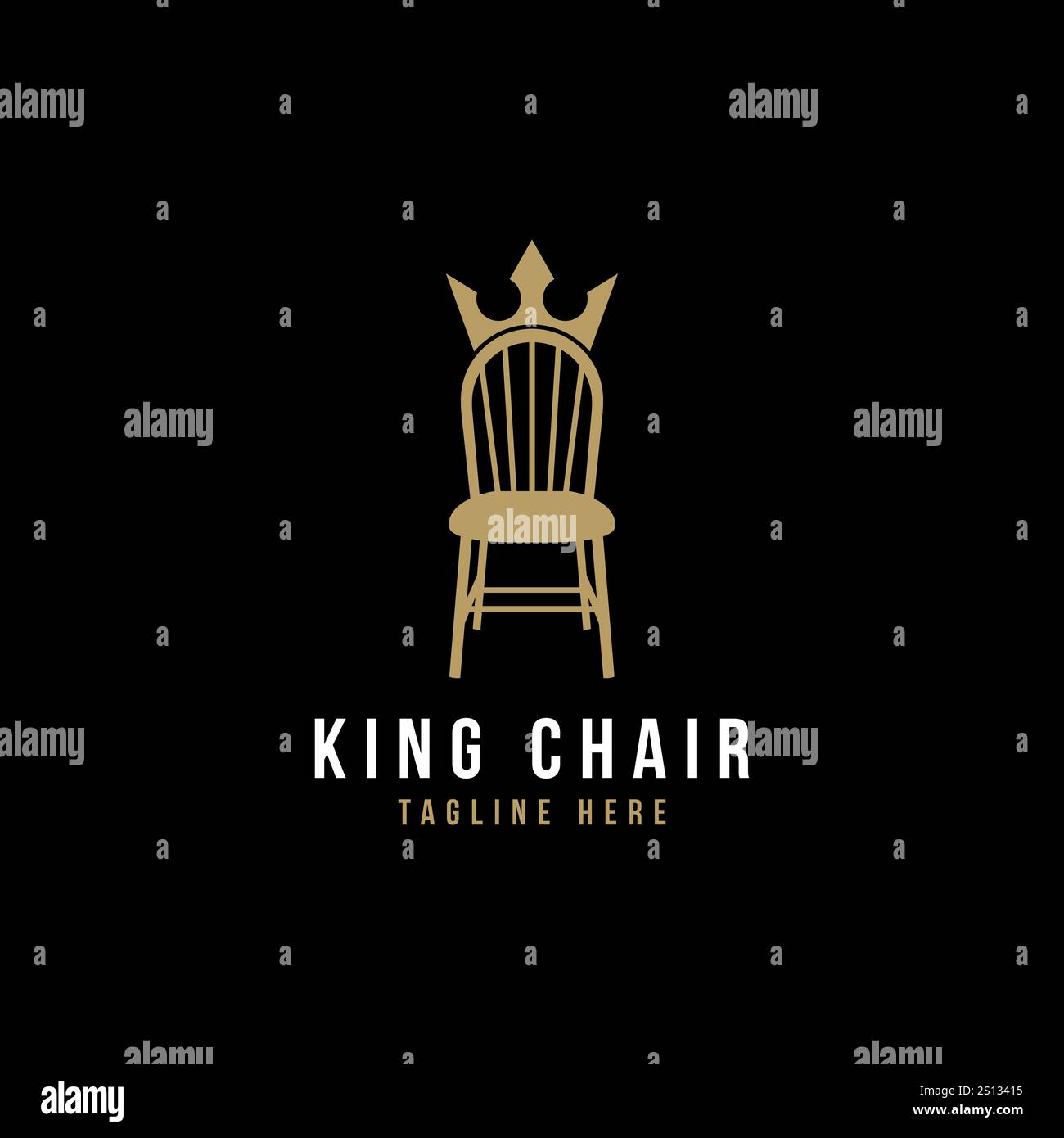 logo dei mobili. Logo di design degli interni di lusso. Insegna a forma di sedia reale King. Illustrazione Vettoriale