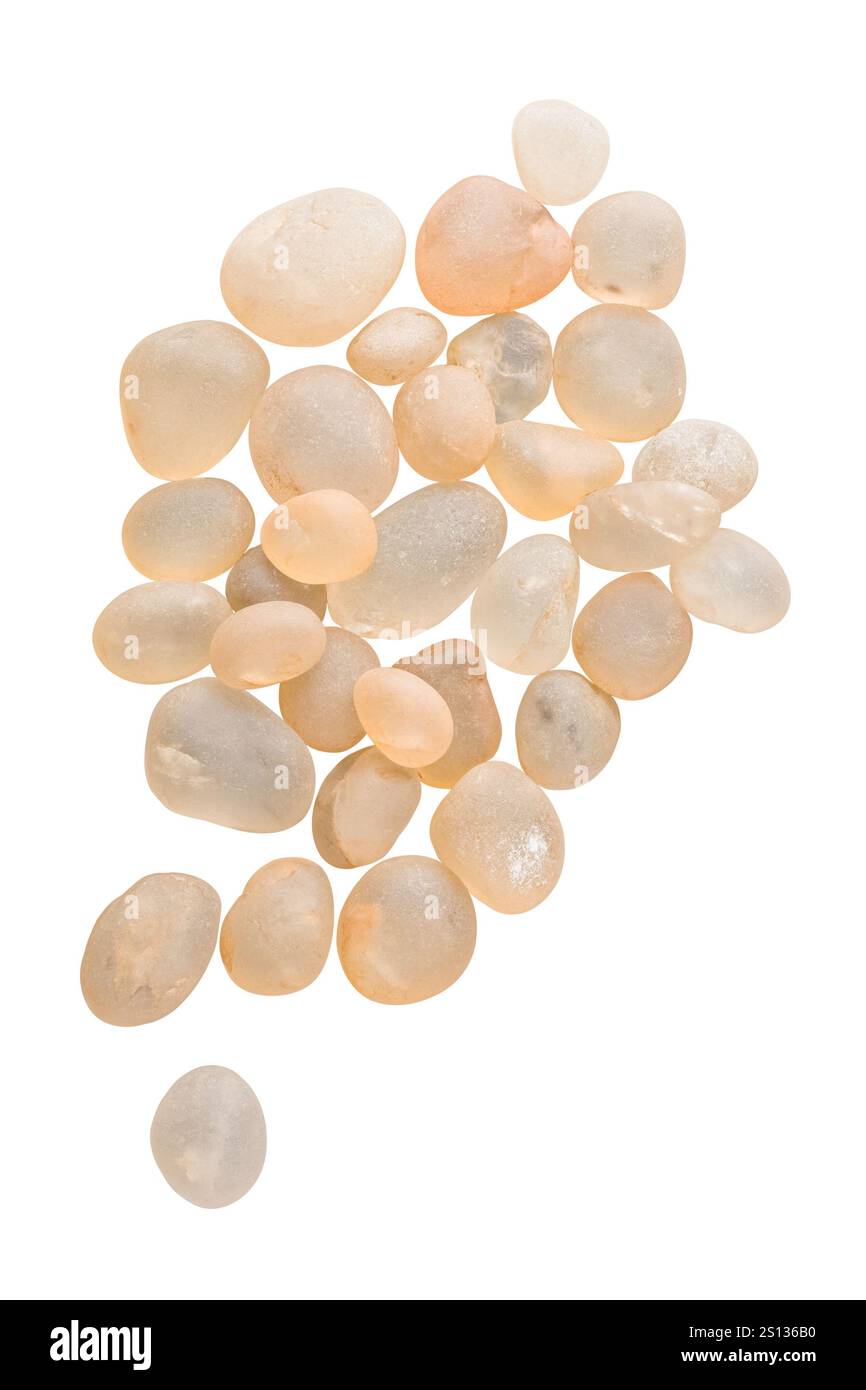 collezione di pietre marrone chiaro di forma ovale liscia sfondo bianco isolato, per il paesaggio e la decorazione dell'acquario in ambiente naturale Foto Stock