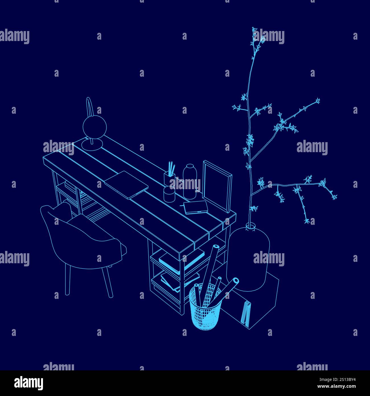 Disegno blu di una scrivania con una sedia e una pianta in vaso. La scrivania dispone di un computer portatile e di un libro Illustrazione Vettoriale