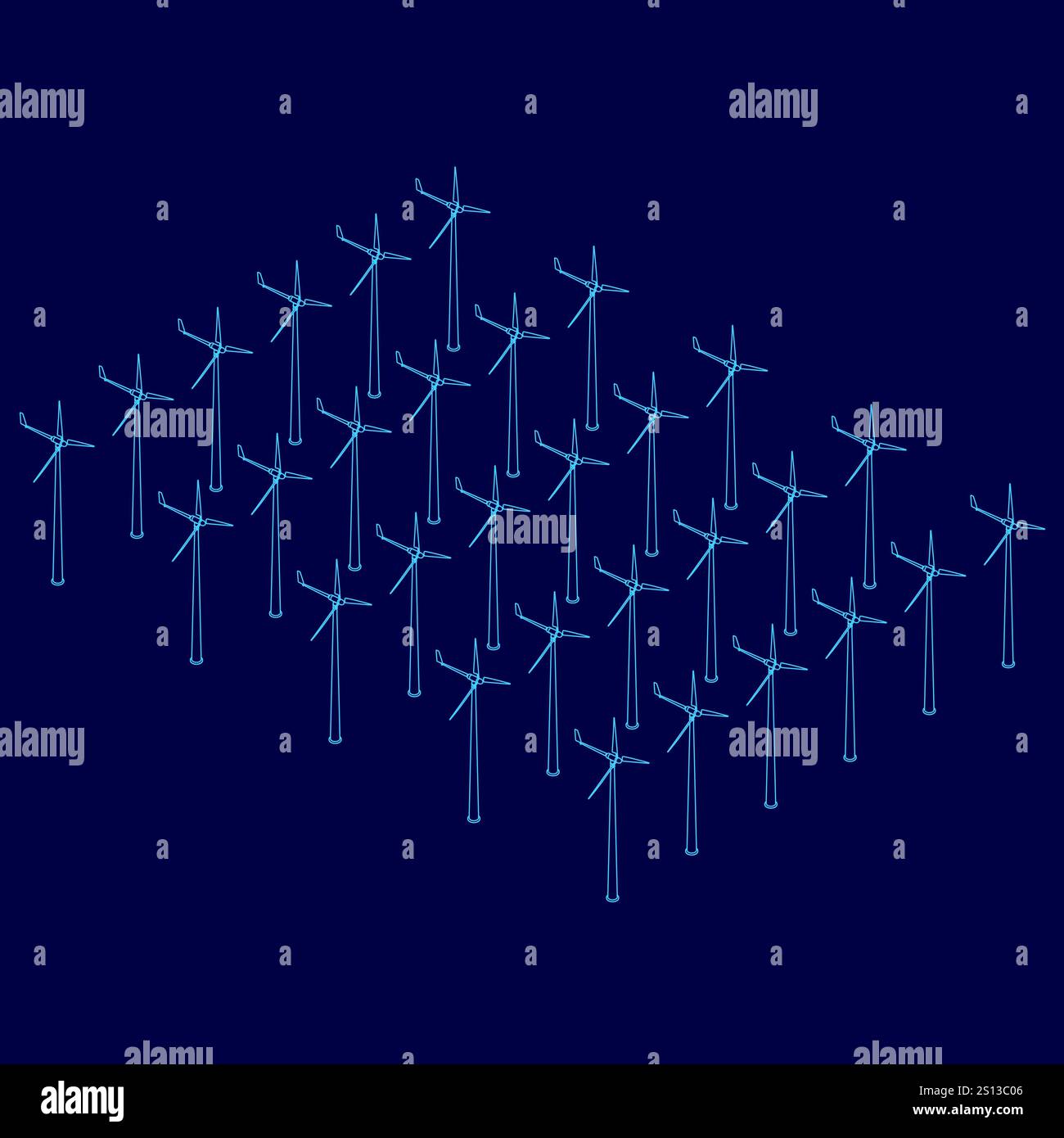 Sfondo blu con un gran numero di turbine eoliche. Le turbine eoliche sono tutte allineate in fila e sono tutte rivolte nella stessa direzione Illustrazione Vettoriale