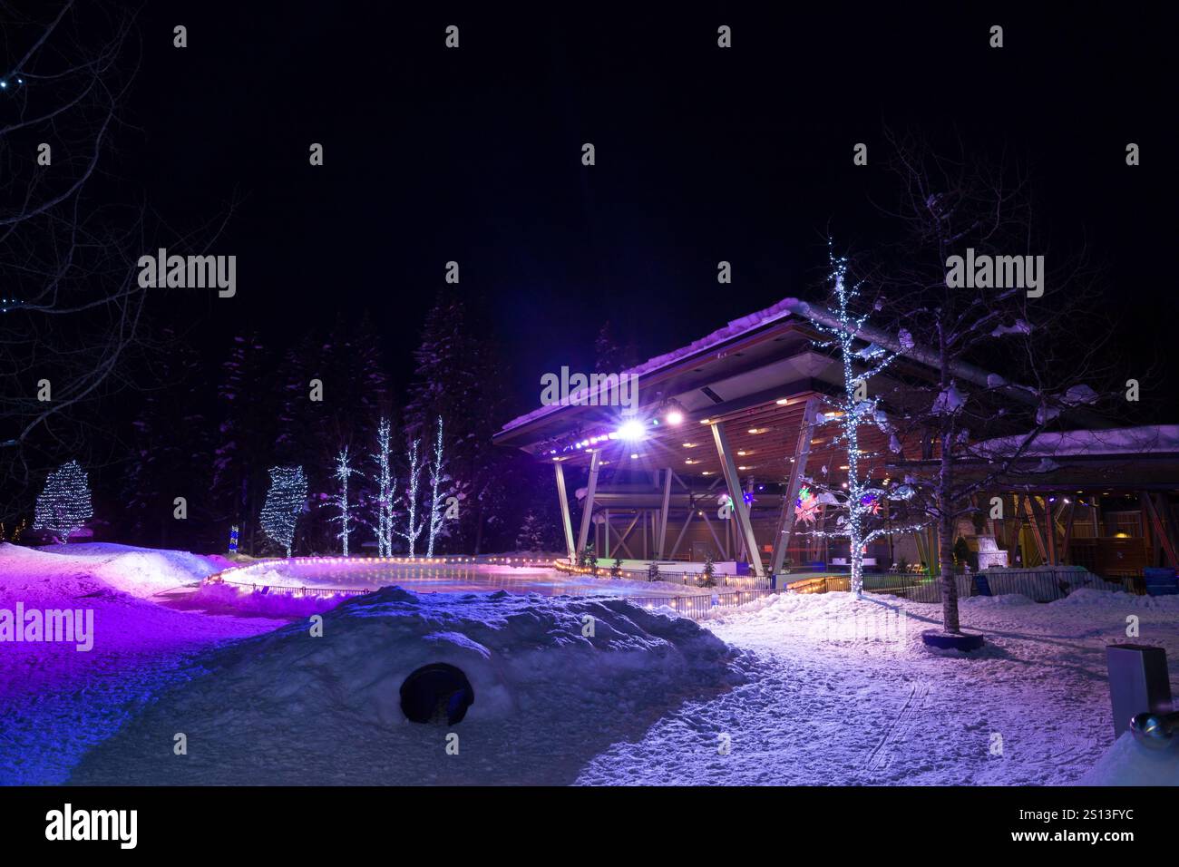 Villaggio di montagna dopo la nevicata. Stagione fredda, nevicate dopo una tempesta di bufera - strade spazzate, aree pedonali, case ricoperte di neve. Natale Foto Stock