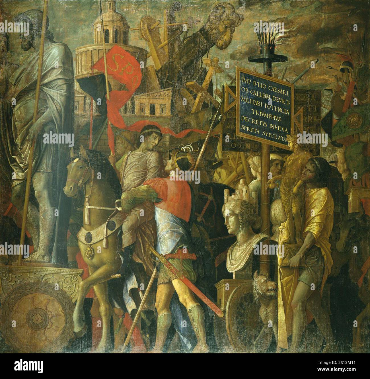 I Trionfi di Cesare sono una serie di nove grandi dipinti creati dall'artista rinascimentale italiano Andrea Mantegna tra il 1484 e il 1492[1] per il Palazzo Ducale Gonzaga di Mantova. Essi raffigurano una parata militare trionfale che celebra la vittoria di Giulio Cesare nelle guerre galliche. - Portatori di standard Foto Stock