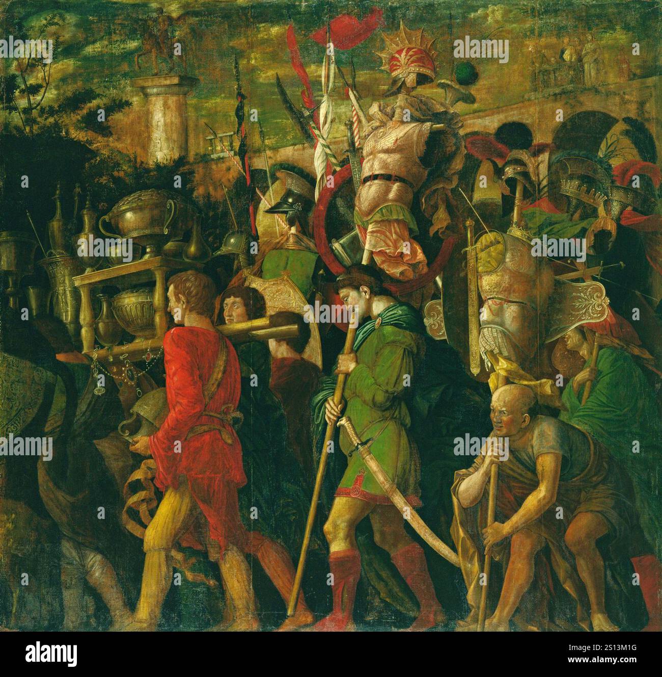 I Trionfi di Cesare sono una serie di nove grandi dipinti creati dall'artista rinascimentale italiano Andrea Mantegna tra il 1484 e il 1492[1] per il Palazzo Ducale Gonzaga di Mantova. Essi raffigurano una parata militare trionfale che celebra la vittoria di Giulio Cesare nelle guerre galliche. - Corselet Bearers Foto Stock