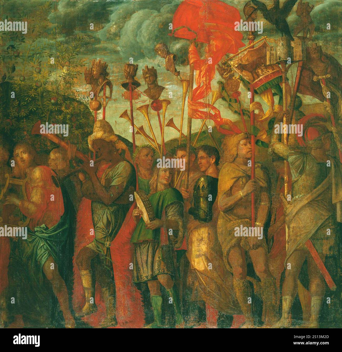I Trionfi di Cesare sono una serie di nove grandi dipinti creati dall'artista rinascimentale italiano Andrea Mantegna tra il 1484 e il 1492[1] per il Palazzo Ducale Gonzaga di Mantova. Essi raffigurano una parata militare trionfale che celebra la vittoria di Giulio Cesare nelle guerre galliche. - Musicisti Foto Stock