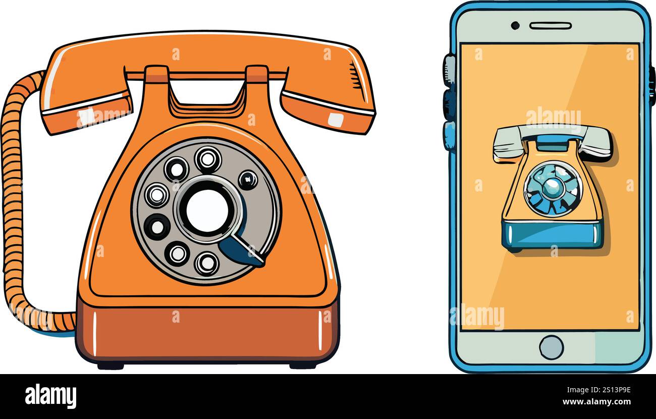 Confronto vettoriale artistico tra un telefono rotativo classico e uno schermo per smartphone, che riflette il progresso tecnologico nella comunicazione Illustrazione Vettoriale