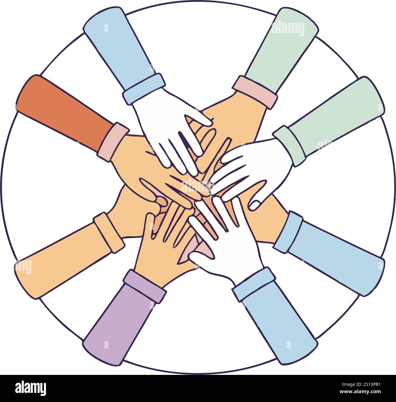 illustrazione colorata di più mani unite in un cerchio, simbolo di solidarietà, cooperazione, diversità e spirito comunitario inclusivo Illustrazione Vettoriale