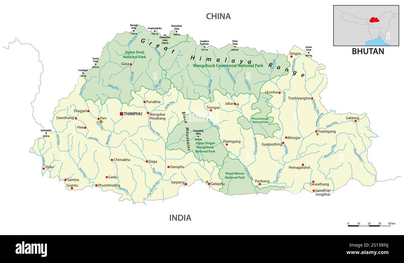 mappa dello stato himalayano Regno del Bhutan Foto Stock