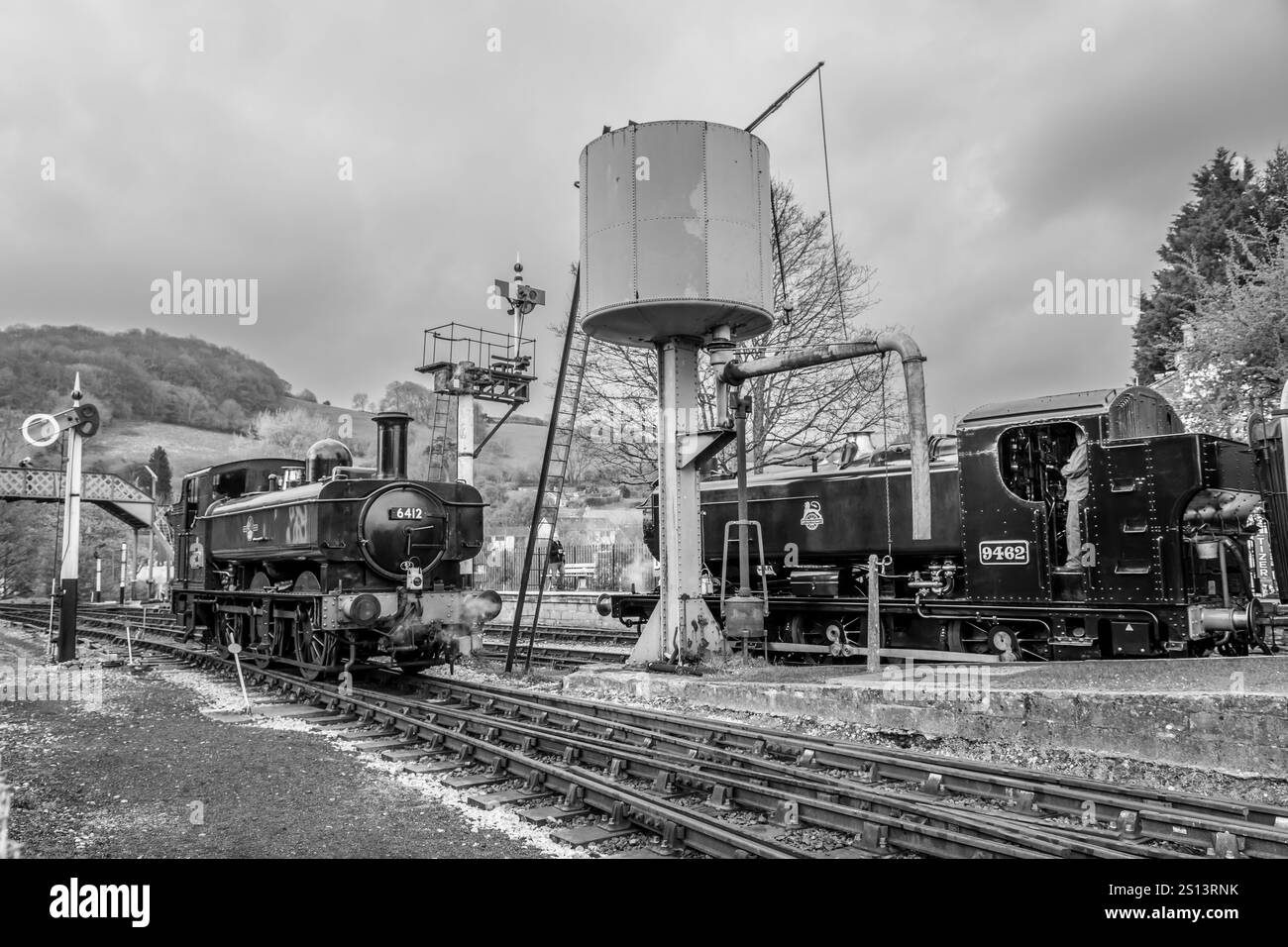 BR '64xx' 0-6-0PT N. 6412 e BR '94xx' classe 0-6-0PT N. 9466 (in esecuzione come 9462, Buckfastleigh, Devon, Inghilterra, Regno Unito Foto Stock